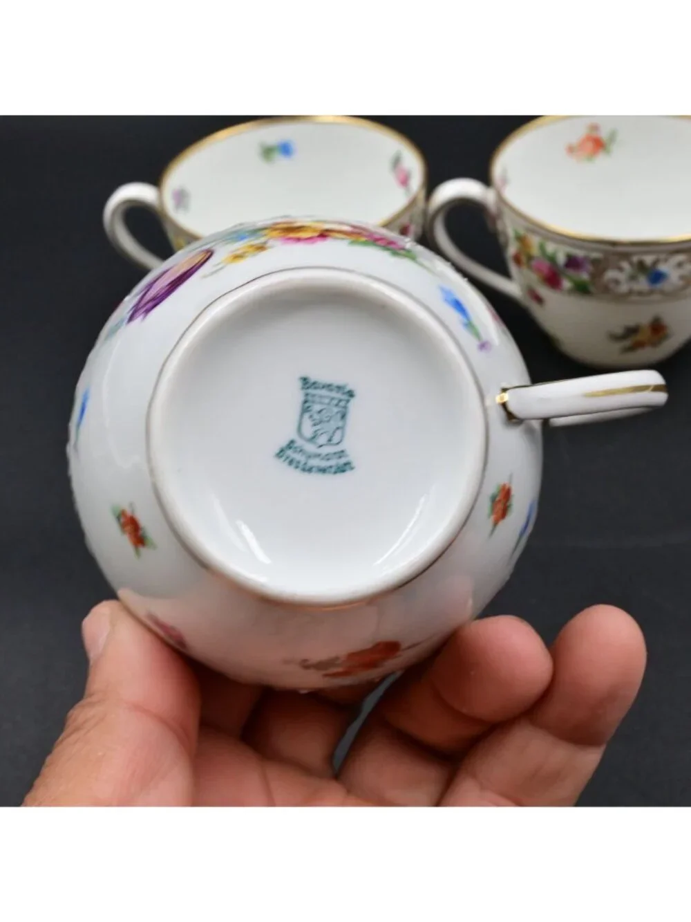 Schumann Bavaria Dresden Teacups Set Of 3  Floral Gold Trim Vintage Collectible